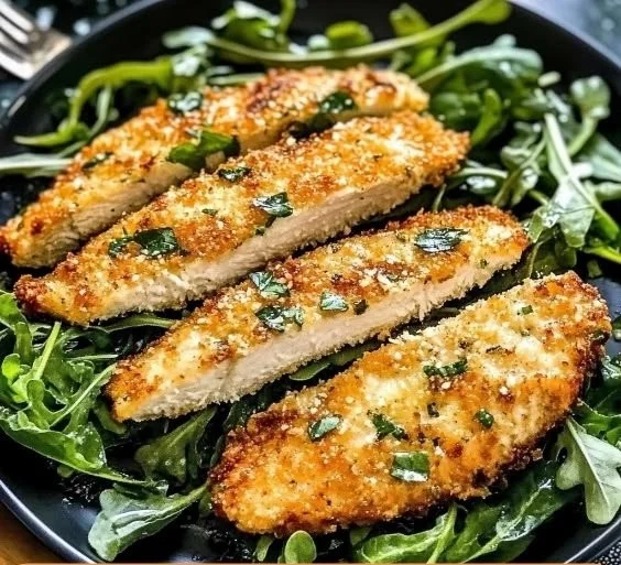 Crispy air fryer breaded chicken breast served on a plate