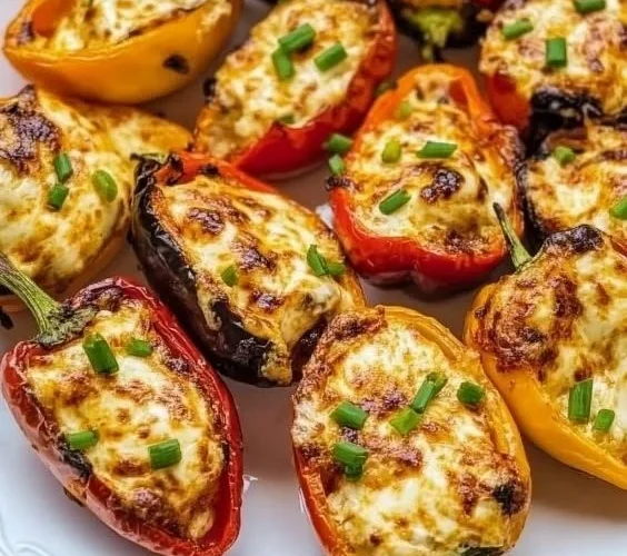 Air fryer cream cheese stuffed mini peppers topped with herbs