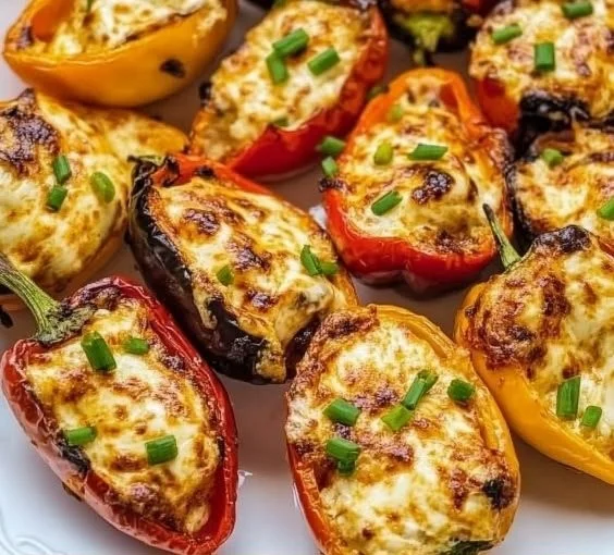Air fryer cream cheese stuffed mini peppers topped with herbs