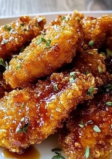 Baked Crunchy Hot Honey Chicken served on a plate with garnishes.