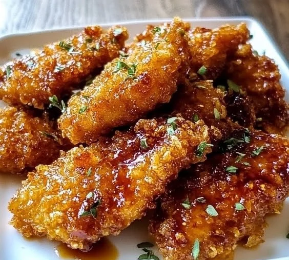 Baked Crunchy Hot Honey Chicken served on a plate with garnishes.
