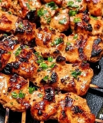 Bang Bang Chicken Skewers served on a platter with dipping sauce