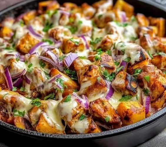 BBQ chicken sweet potato skillet topped with fresh herbs and spices