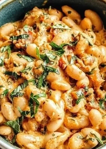 A plate of delicious Tuscan White Beans garnished with herbs and spices