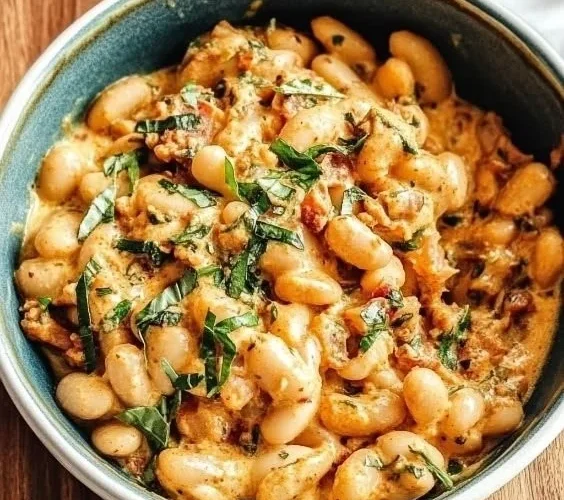 A plate of delicious Tuscan White Beans garnished with herbs and spices