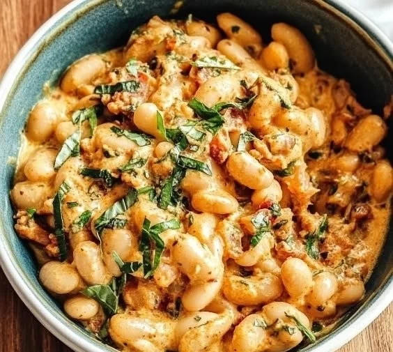 A plate of delicious Tuscan White Beans garnished with herbs and spices