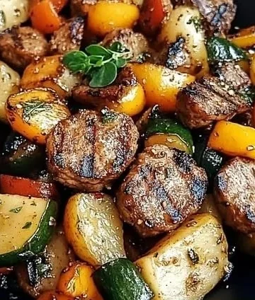 Delicious Blackstone Cowboy Stir Fry Dinner served with vegetables and protein.