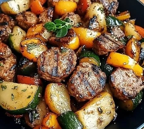 Delicious Blackstone Cowboy Stir Fry Dinner served with vegetables and protein.