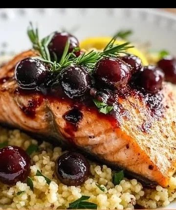 Blueberry Glazed Salmon served with Lemon Herb Couscous on a plate.