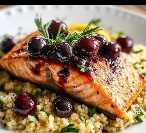 Blueberry Glazed Salmon served with Lemon Herb Couscous on a plate.