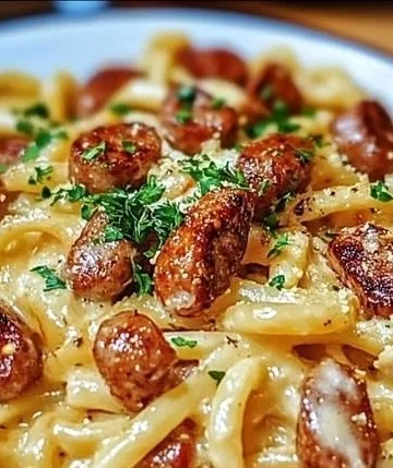 Cajun Smoked Sausage Alfredo Pasta served with parsley garnish