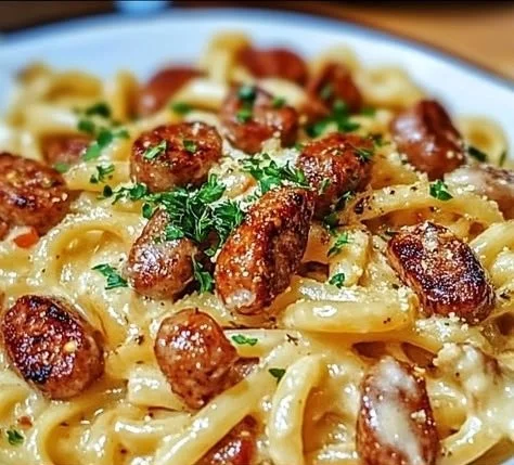 Cajun Smoked Sausage Alfredo Pasta served with parsley garnish