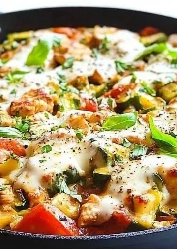 Caprese Chicken Zucchini Skillet with fresh basil, tomatoes, and mozzarella
