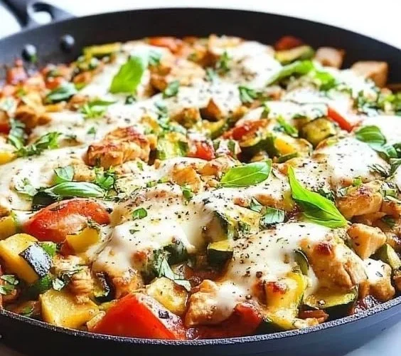 Caprese Chicken Zucchini Skillet with fresh basil, tomatoes, and mozzarella