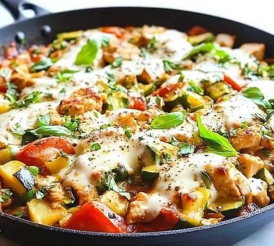 Caprese Chicken Zucchini Skillet with fresh basil, tomatoes, and mozzarella