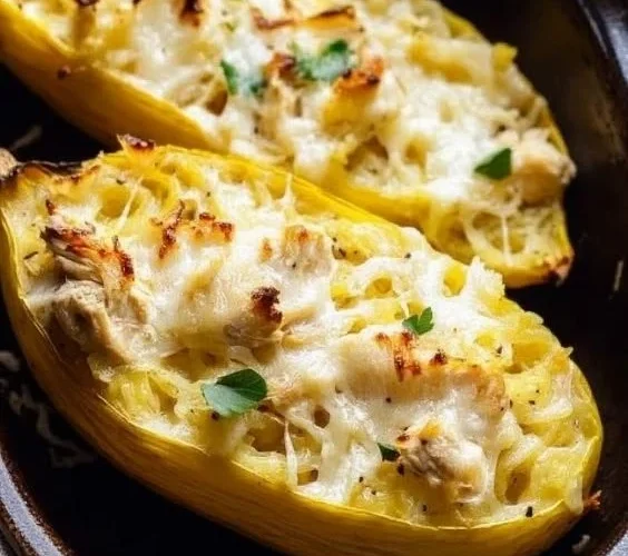Healthy Chicken Alfredo Spaghetti Squash Boats recipe with creamy sauce and chicken