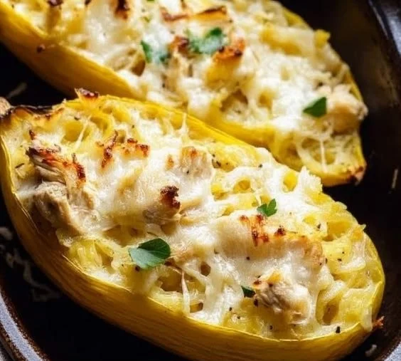 Healthy Chicken Alfredo Spaghetti Squash Boats recipe with creamy sauce and chicken