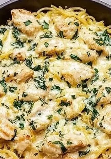 Creamy Chicken and Spinach Spaghetti Squash Alfredo dish garnished with parsley