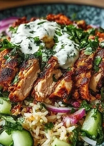 Chicken Shawarma Crispy Rice Salad with fresh vegetables and spices