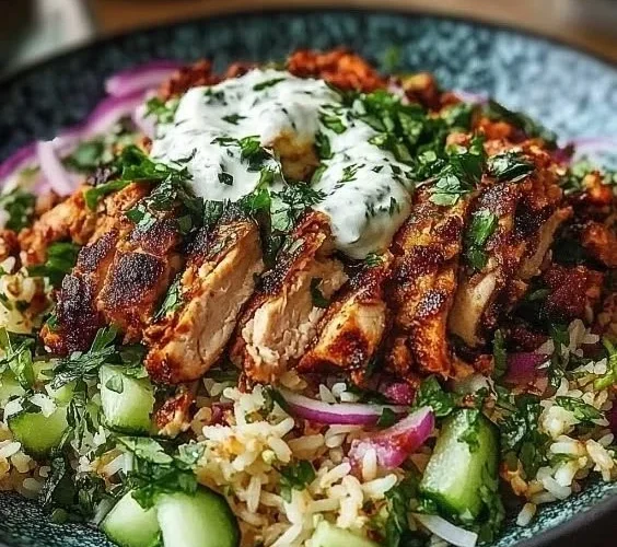 Chicken Shawarma Crispy Rice Salad with fresh vegetables and spices
