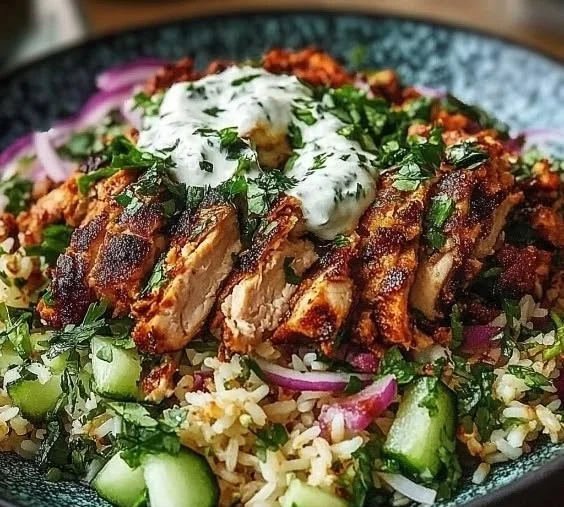Chicken Shawarma Crispy Rice Salad with fresh vegetables and spices