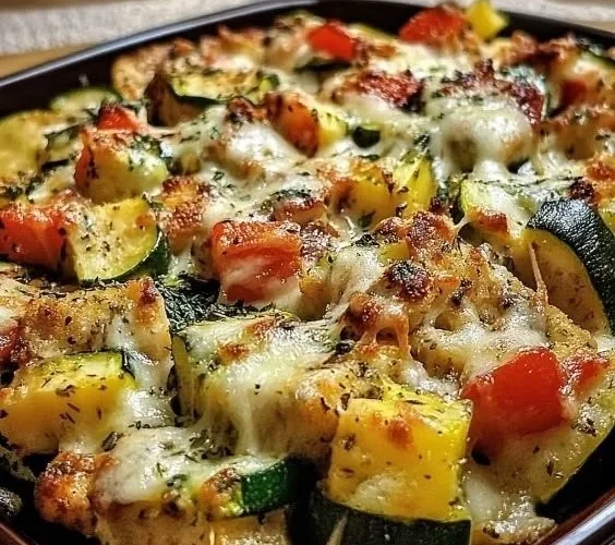 Deliciously baked chicken and zucchini served on a plate.