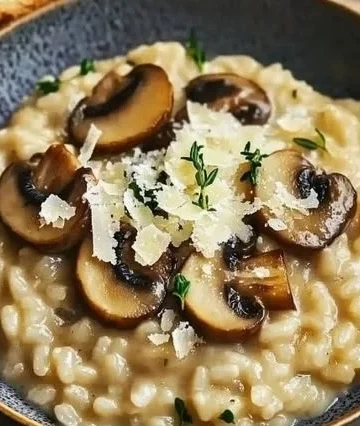 Creamy mushroom risotto served in a bowl, garnished with parsley.