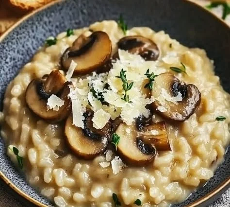 Creamy mushroom risotto served in a bowl, garnished with parsley.