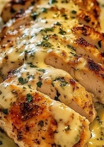 Creamy Parmesan Baked Caesar Chicken with crispy toppings and fresh herbs