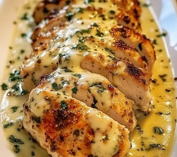 Creamy Parmesan Baked Caesar Chicken with crispy toppings and fresh herbs