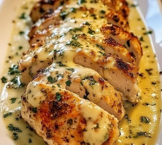 Creamy Parmesan Baked Caesar Chicken with crispy toppings and fresh herbs