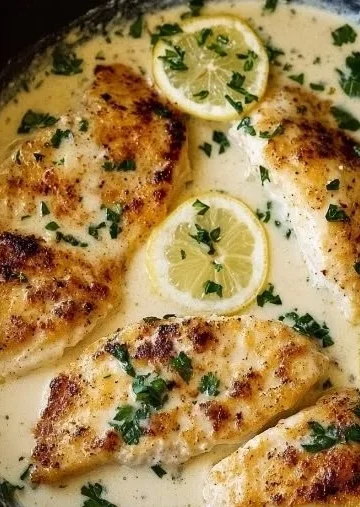 Creamy Parmesan Lemon Chicken served with herbs and lemon on a plate