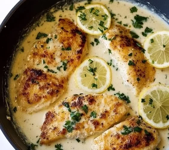 Creamy Parmesan Lemon Chicken served with herbs and lemon on a plate