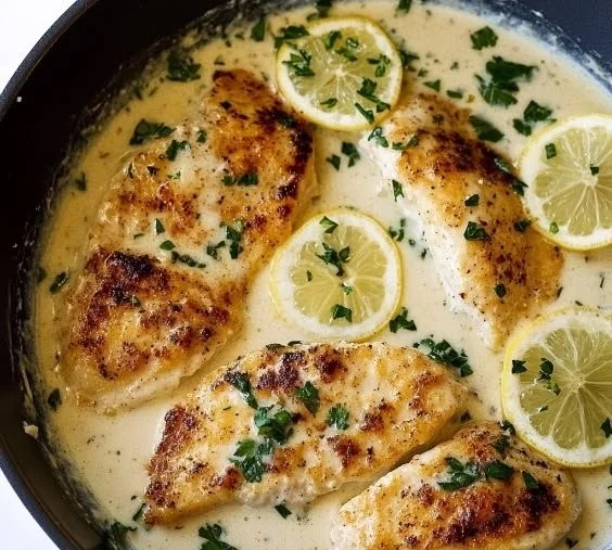 Creamy Parmesan Lemon Chicken served with herbs and lemon on a plate