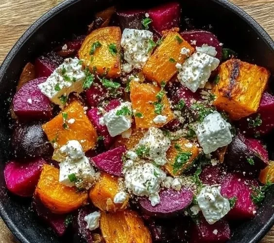Creamy roasted beet salad with greens and a flavorful dressing