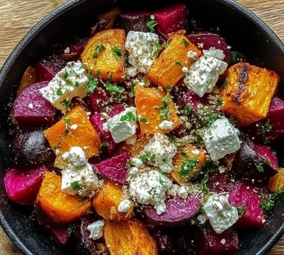Creamy roasted beet salad with greens and a flavorful dressing