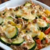 Easy ground turkey zucchini casserole dish served warm on a plate