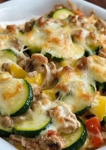 Easy ground turkey zucchini casserole dish served warm on a plate