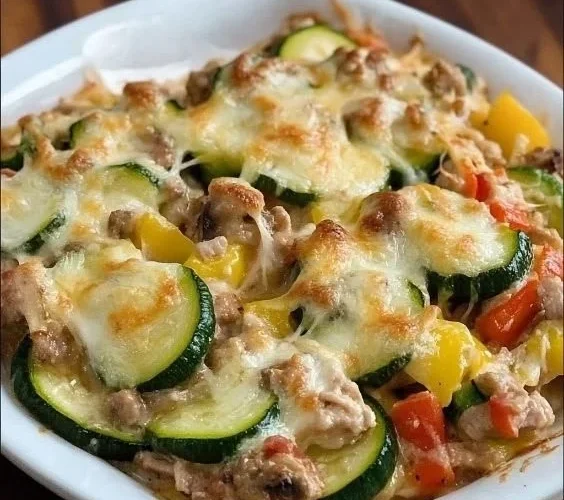 Easy ground turkey zucchini casserole dish served warm on a plate