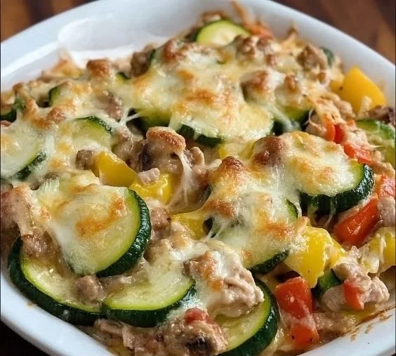 Easy ground turkey zucchini casserole dish served warm on a plate