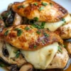 Delicious mushroom stuffed chicken breast served on a plate with herbs