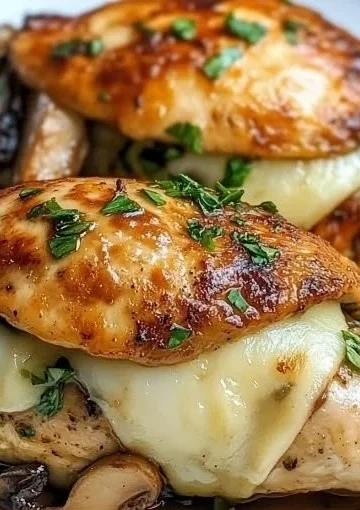 Delicious mushroom stuffed chicken breast served on a plate with herbs