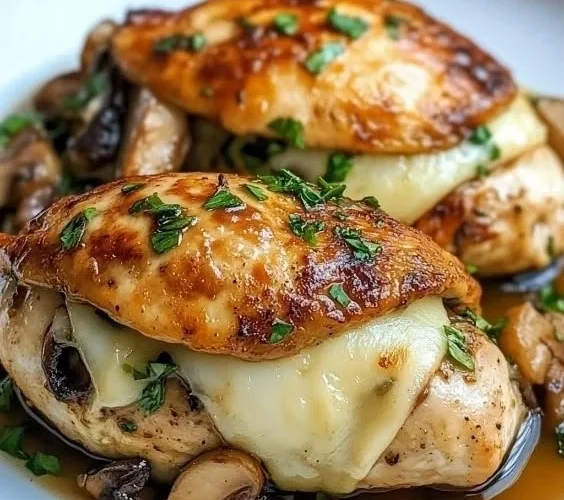 Delicious mushroom stuffed chicken breast served on a plate with herbs