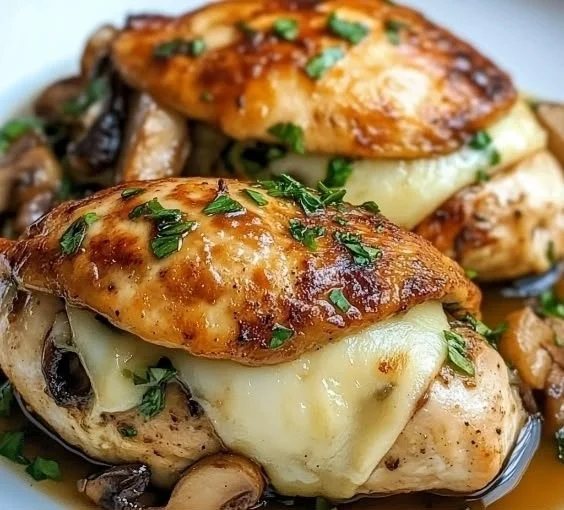 Delicious mushroom stuffed chicken breast served on a plate with herbs