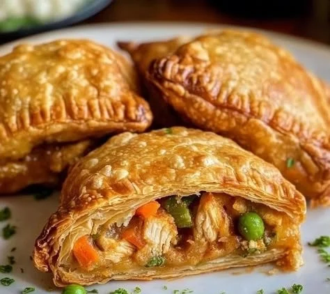 Fried chicken pot pie pockets with flaky crust and savory filling
