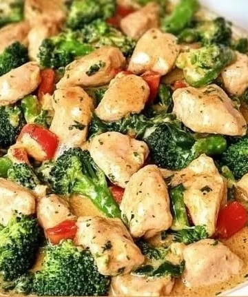 Plate of Garlic Chicken with Broccoli and Spinach garnished with herbs