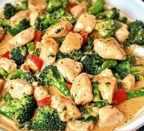 Plate of Garlic Chicken with Broccoli and Spinach garnished with herbs