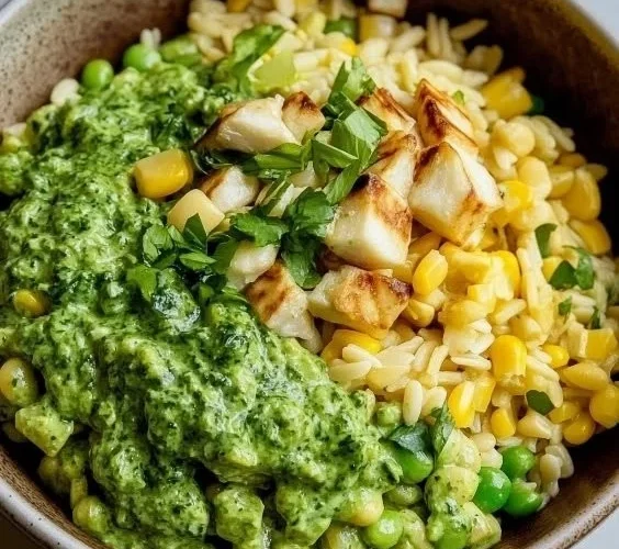 Grilled Corn Orzo Salad with fresh vegetables and herbs.
