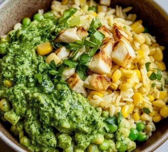 Grilled Corn Orzo Salad with fresh vegetables and herbs.