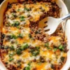 Delicious ground beef casserole topped with cauliflower rice for a healthy dinner option